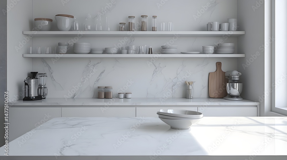 3. A clean and bright kitchen with a white marble countertop, open shelving, and minimal decorative items 3. A clean and bright kitchen with a white marble countertop, open shelving, and minimal decorative items