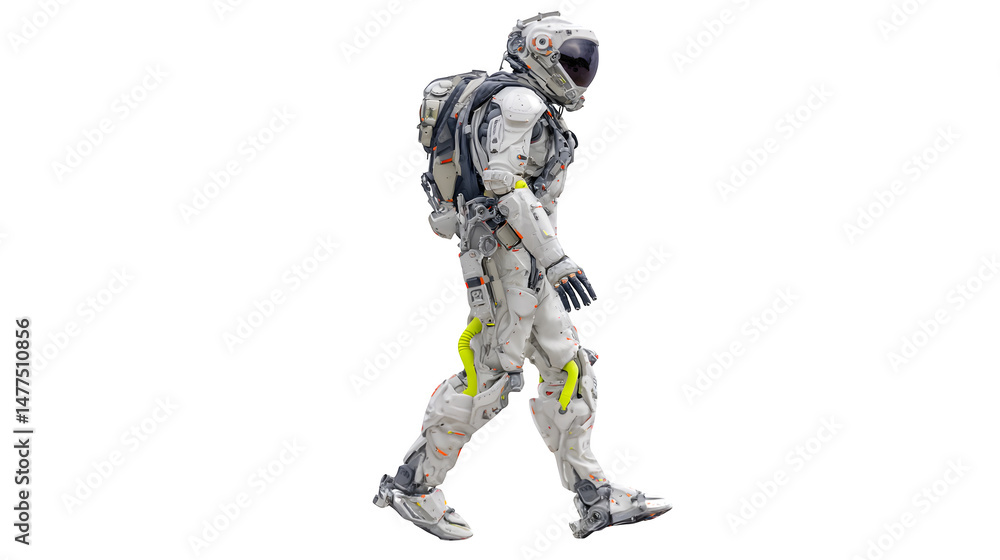 High-Tech Space Suit Robot Walking Right isolated on white background High-Tech Space Suit Robot Walking Right isolated on white background