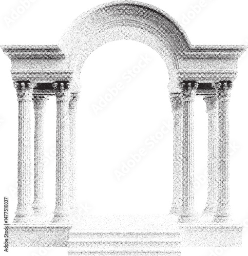 Black and white xerox effect vector illustration of a classical architectural arch with columns, detailed stipple shading, ideal for vintage or historical design projects, engravings, prints, or