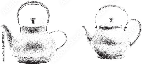 Black and white xerox effect vector illustration of two vintage teapots speckled texture grainy overlay tea kettle retro style kitchenware teatime beverage service hospitality hot drink brewing