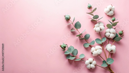 Delicate cotton blossoms and eucalyptus sprigs arranged on a soft pink background, creating a serene and minimalist floral composition.