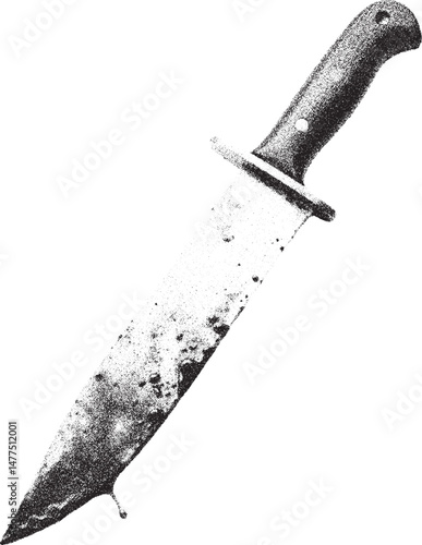Black and White Xerox Effect Vector Illustration of a Bloody Hunting Knife Isolated on White Background Stipple Effect Vintage Style Hunter Weapon Blade Sharp Cutlery Combat Survival Military Tool
