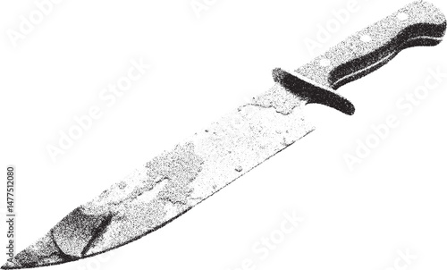 Black and white xerox effect vector illustration of a hunting knife combat weapon tactical survival military blade sharp dangerous tool monochrome speckled textured design element isolated on white