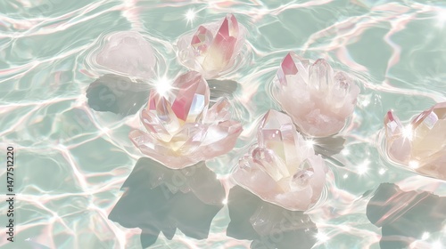 Floating Crystals in Sunlit Water with Iridescent Light Reflections