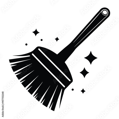 Black and white silhouette features a broom surrounded by shimmering sparkles in clean vector