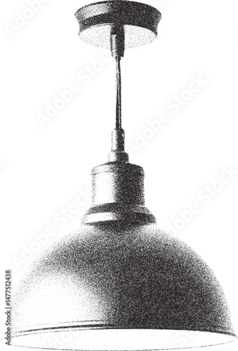 Black and white xerox effect vector illustration of a hanging industrial dome pendant light fixture isolated on white background ideal for lighting design interior design and home decor projects