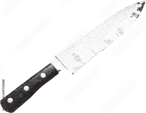Black and white xerox effect vector illustration of a kitchen knife with a textured handle and blade ideal for culinary designs cooking illustrations restaurant branding menu graphics