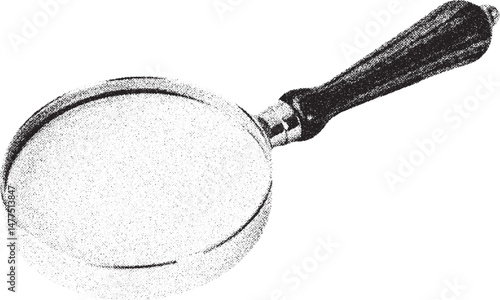 Black and white xerox effect vector magnifying glass illustration isolated on white background search investigation discovery exploration analyze research zoom tool find seek vintage retro style