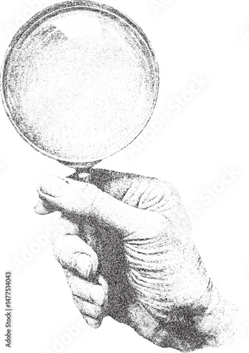 Hand Holding Magnifying Glass Xerox Effect Black and White Search Discovery Investigation Explore Analysis Research Zoom Detective Inspect Examine Vintage Retro Style Grunge Texture Vector