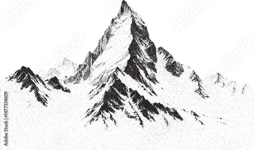 Black and white xerox effect vector illustration of a majestic mountain peak landscape ideal for adventure travel nature and wilderness themes gritty textured design for posters prints