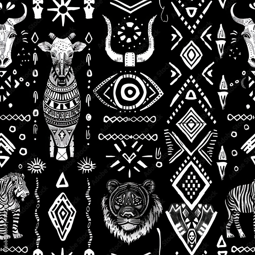 seamless repeating pattern of tribal animal footprints and ethnic African symbols in warm terracotta and beige tones seamless repeating pattern of tribal animal footprints and ethnic African symbols in warm terracotta and beige tones