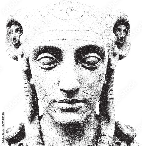 Black and White Xerox Effect Vector Illustration of Ancient Egyptian Queen Nefertiti Bust Sculpture Pharaoh Stipple Art Grainy Texture Historical Artifact Retro Vintage Design Element Isolated