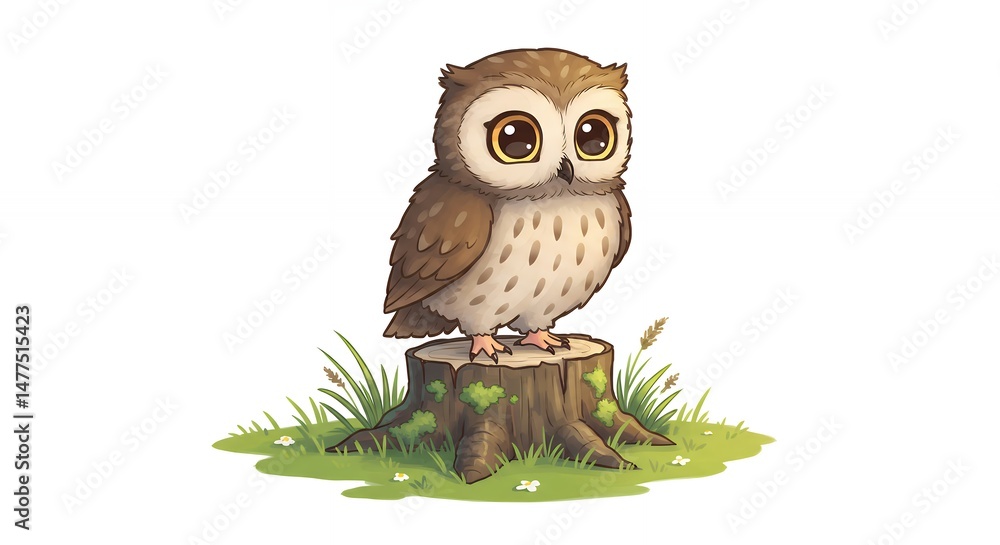 Naklejka premium Cute cartoon owl illustration on stump