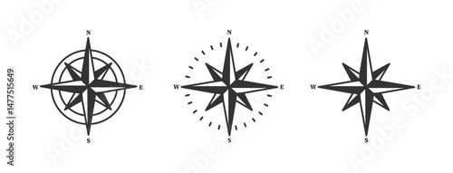 Navigation, terrain orientation or direction. Compass icons set. Compass rose sign. Star icon navigation. Northern Star