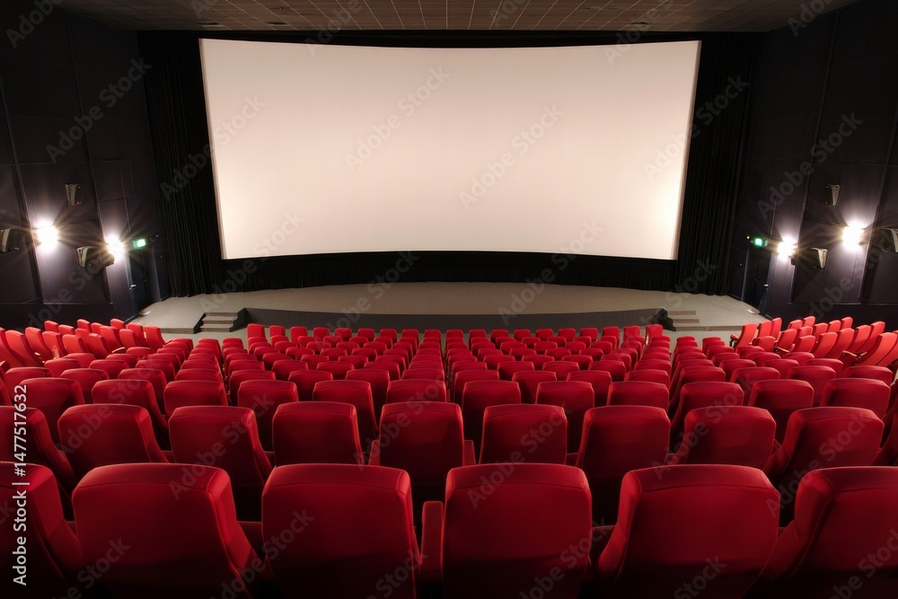 Fototapeta premium Empty Cinema Auditorium with Red Seats and Blank Screen — Modern Theater Interior