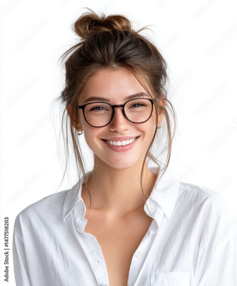 Fototapeta premium Stylish Young Woman with Glasses Smiling Brightly