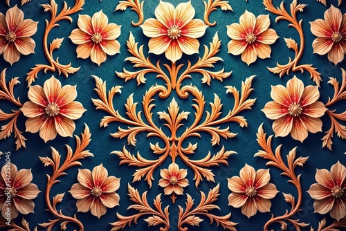 Elegant floral damask, intricate repeating design, buds, beauty, detail
