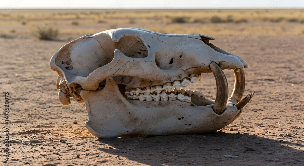 Obraz premium Animal Skull on Dry Ground Closeup in Desert Landscape