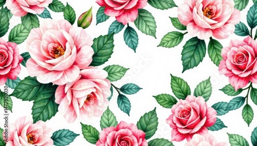 Delicate watercolor roses, lush leaves, seamless repeat, seamless, print, vintage