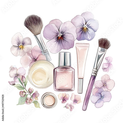 Beauty products arranged with pastel flowers on a soft background in a delicate and elegant display