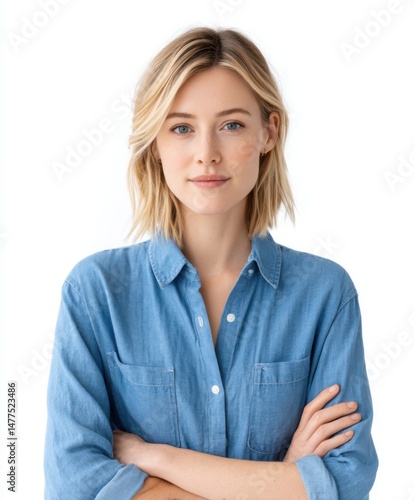 Confident young woman in denim shirt with crossed arms