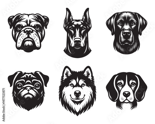 Different dog breed head mascot set bundle vector illustration isolated on white background