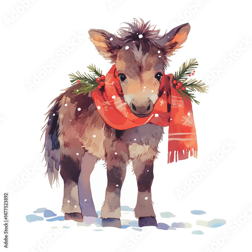 Cute donkey wearing a red scarf with holiday decorations stands in the snow surrounded by falling snowflakes
