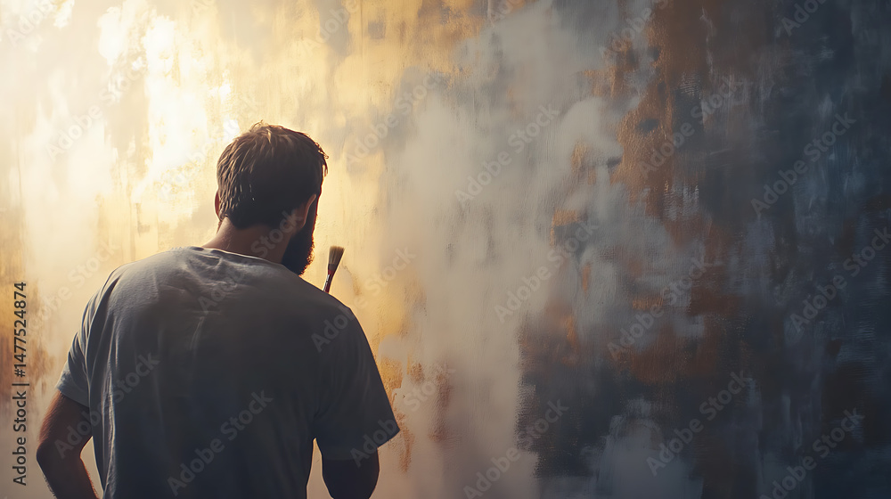 Fototapeta premium Man Facing a Wall with Smoke