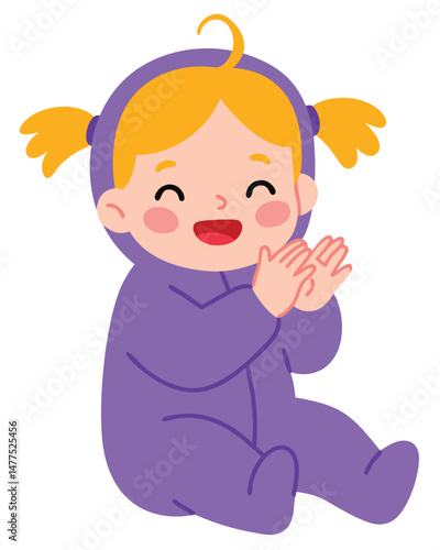Happy Baby in Purple Frog Costume Clapping Hands with Joyful Expression