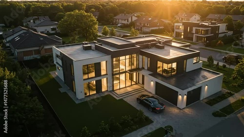 Aerial View of Modern Suburban Houses at Golden Hour