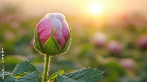 Delicate pink flower bud at sunrise.  Soft, pastel hues of pink and white bud against blurred field.  Sunrise glows warmly on the tender, unopened blossom