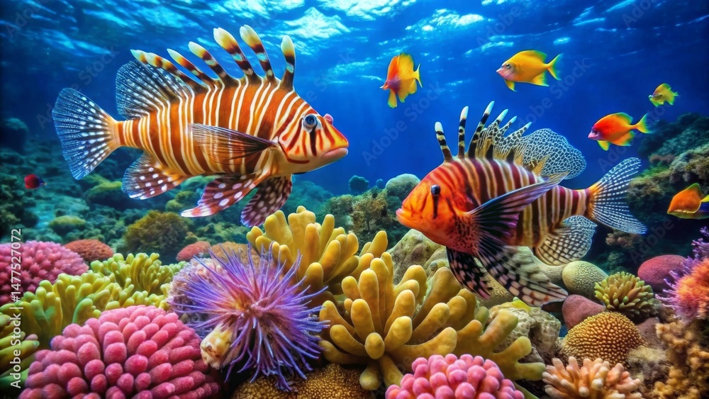 Vibrant Reef Life Two Striking Lionfish Gracefully Navigate a Lush Coral Garden, Surrounded by a Kaleidoscope of Colorful Fish and Intricate Coral Formations Vibrant Reef Life Two Striking Lionfish Gracefully Navigate a Lush Coral Garden, Surrounded by a Kaleidoscope of Colorful Fish and Intricate Coral Formations