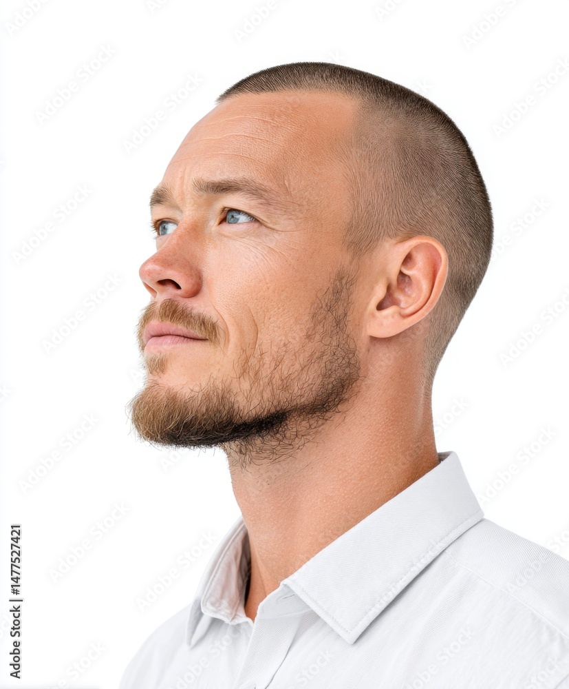 Fototapeta premium Confident Man with Short Hair and Beard Looking Thoughtfully into the Distance