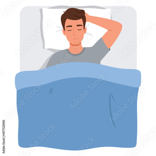 Relaxed Young Man Sleeping Peacefully on Cozy Bed with Soft Blue Blanket and Pillows