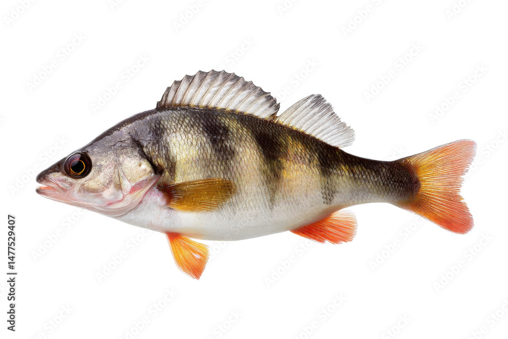 Fototapeta premium Fresh European perch fish with vibrant orange fins on a transparent background vector, showcasing freshwater wildlife and angling catch
