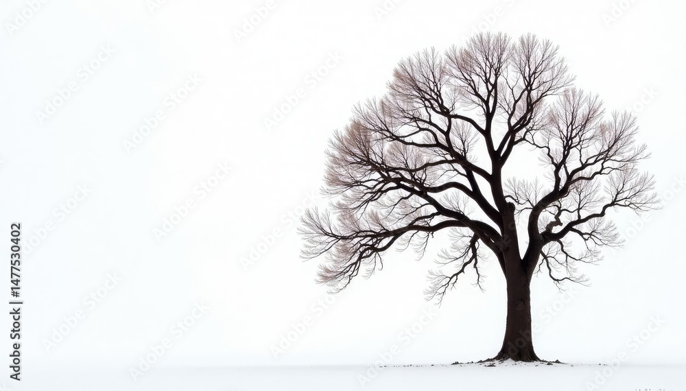 Obraz premium Branches of a bare deciduous tree on white background, forest brown, snow