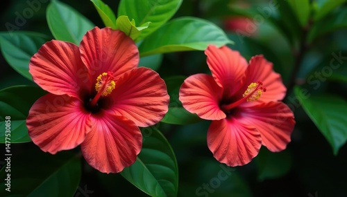 Bold tropical hibiscus blooms, vibrant jungle green, home decor, lush, blossom