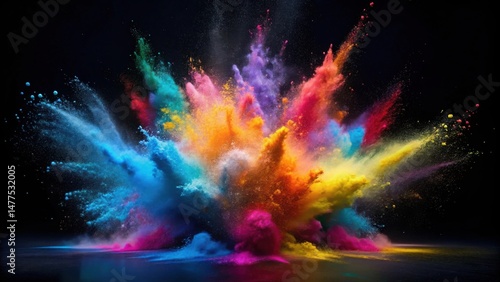 A vibrant explosion of multicolored powder against a dark background, showcasing a dynamic burst of color and texture, ideal for design projects needing a striking visual element.