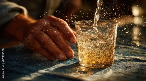 Amber beverage pouring into glass