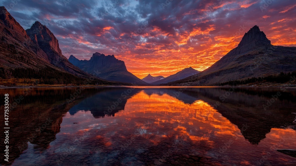 Fototapeta premium Mountain Landscape at Sunset Reflecting on Lake Water