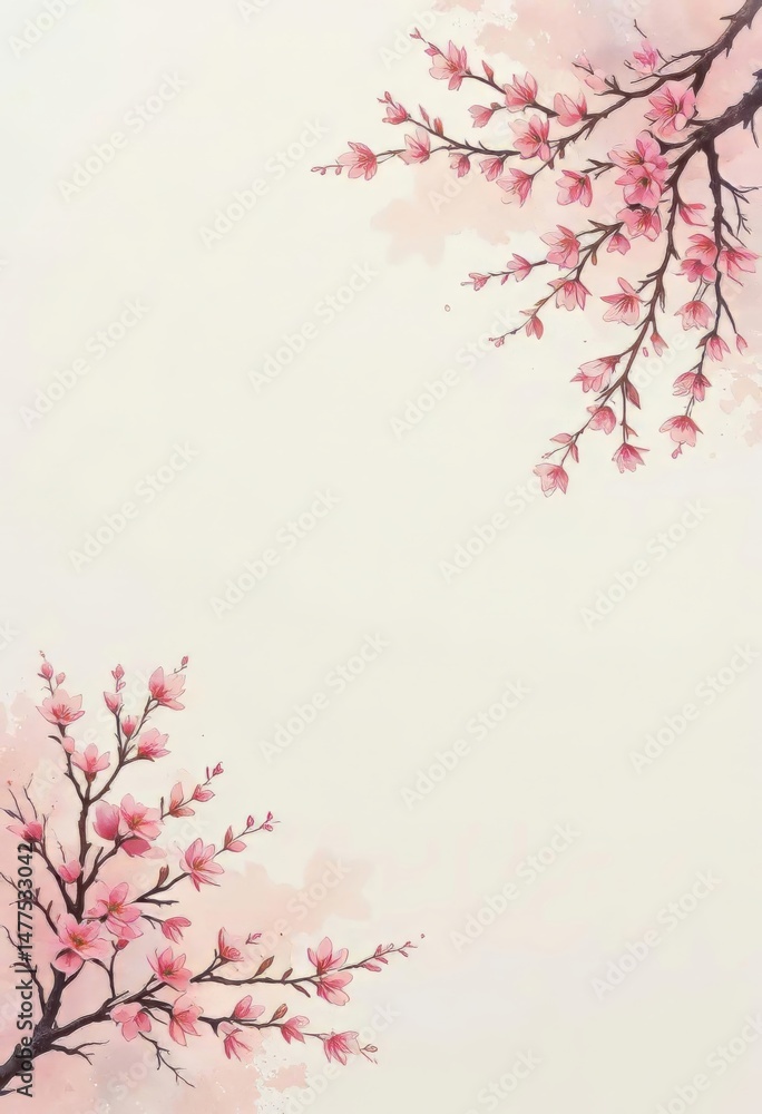 Obraz premium Delicate Pink Cherry Blossoms Watercolor Painting Spring Floral Background