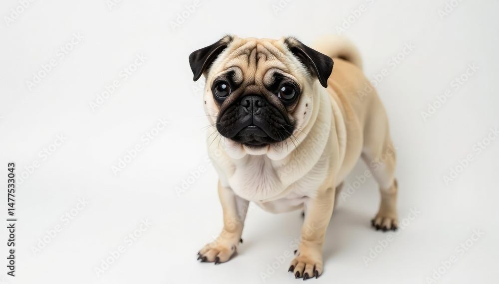 Obraz premium Solo pug, looking directly at camera, pure white backdrop, breed, dog, focus