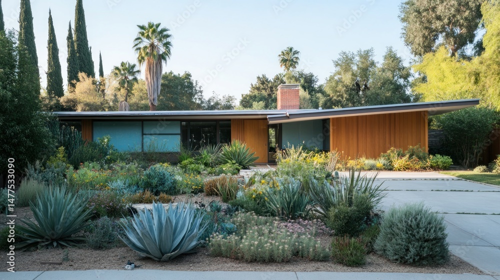 Obraz premium Mid-century modern house with landscaped garden.