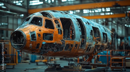 Workers are assembling an aircraft fuselage in a state of the art aerospace facility. The environment features tools and machinery essential for construction and engineering processes.