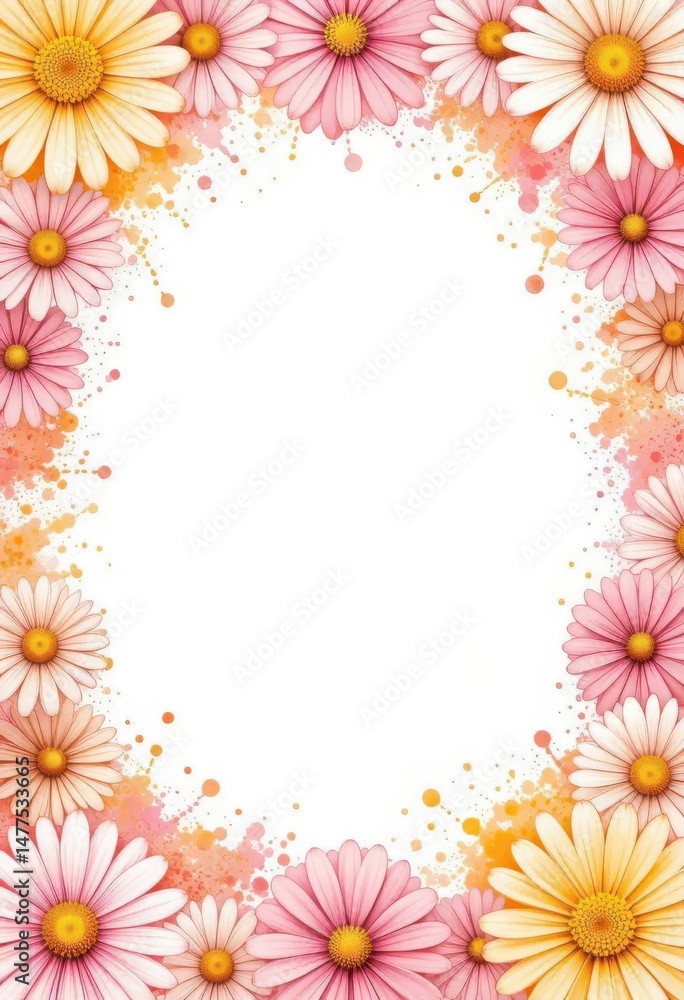Pink and Yellow Daisy Flower Frame with Watercolor Splashes Pink and Yellow Daisy Flower Frame with Watercolor Splashes