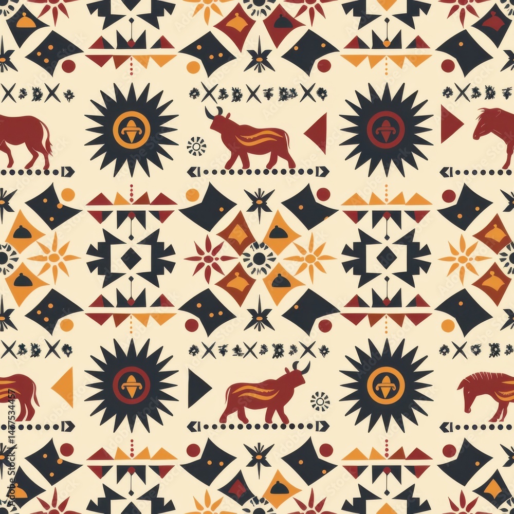 seamless repeating pattern of tribal animal footprints and ethnic African symbols in warm terracotta and beige tones