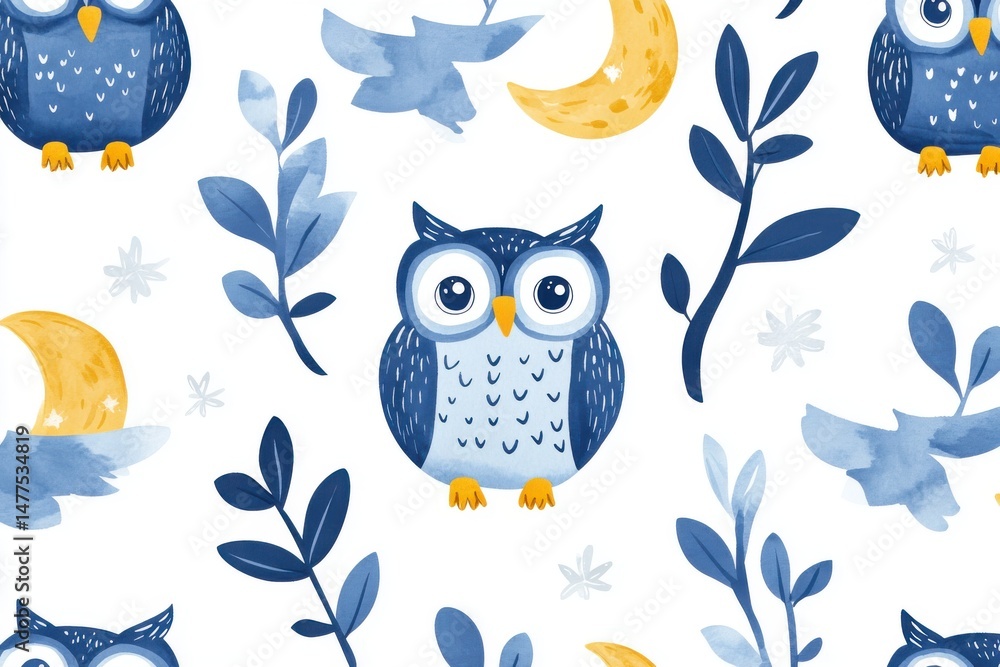 Fototapeta premium Cute owl pattern isolated on white background for textile, wallpaper, and nursery decor use cases.