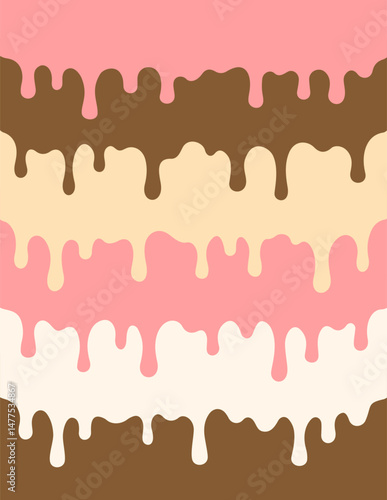 Vertical background with hand drawn layers of drops of ice cream, chocolate, glaze, topping, vanilla, strawberry, creme brulee, caramel. Long drop, dripping drip from cake, dessert, gelato. EPS10