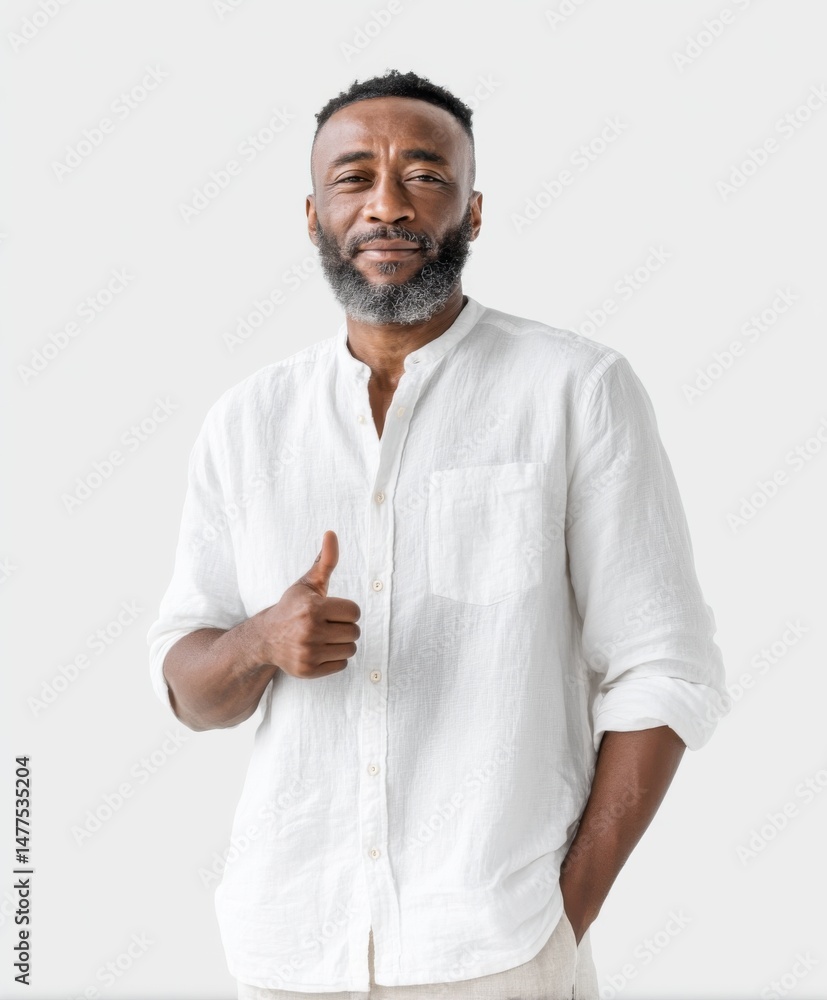 Confident Man Giving Thumbs Up in Casual White Shirt Confident Man Giving Thumbs Up in Casual White Shirt