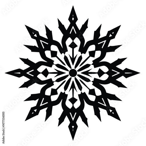 Intricate symmetrical snowflake shines in bold black against a stark white backdrop